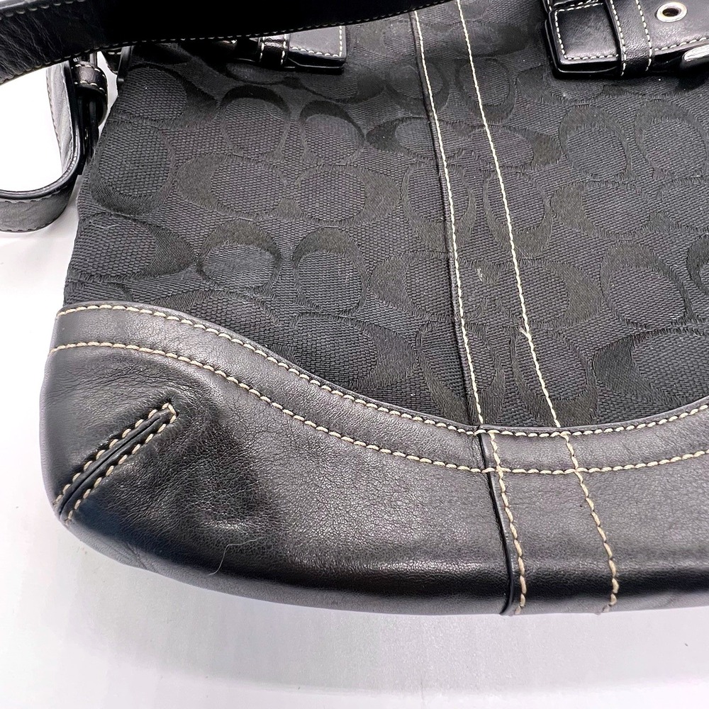 Coach Signature Jacquard Black Fabric‎ With Leather Shoulder Bag Hobo J05M-3577 - Picture 2 of 13